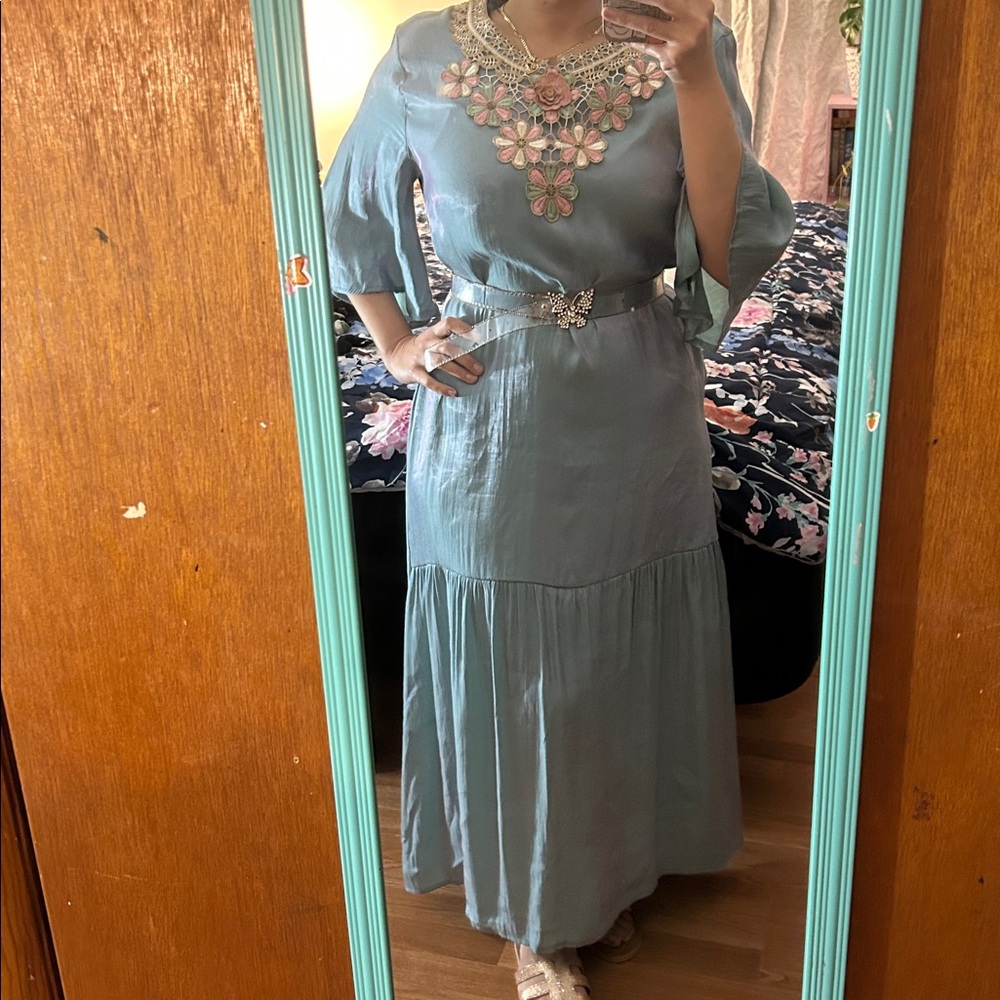 SHEIN Blue Maxi Dress with Floral Embroidery